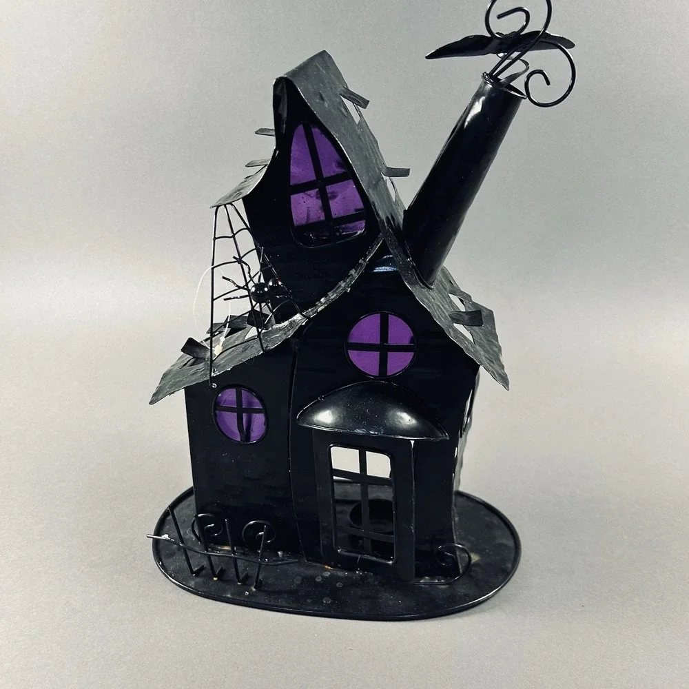 Halloween Haunted House Metal Tealight Candle Holder Purple Windows 13